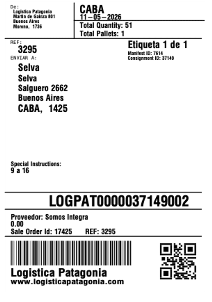 Logística Patagonia consignment label showing origin, destination, instructions, barcode and QR code.